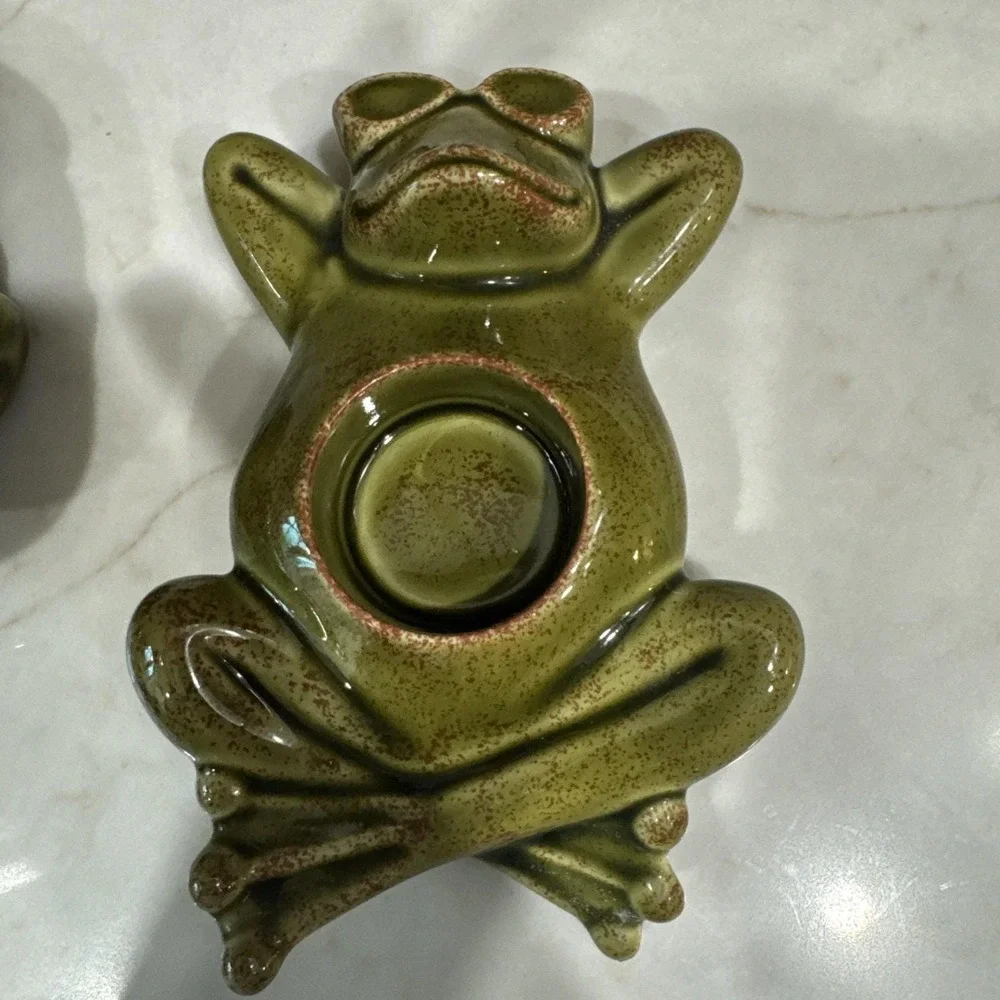 Party Lite Ceramic Frogs Tea Lite  Candle‎ Holder Set Green Vintage